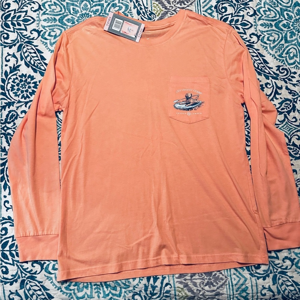 Women’s Peach Lauren James Dog Paddle Champ LS T shirt Front Pocket Size S